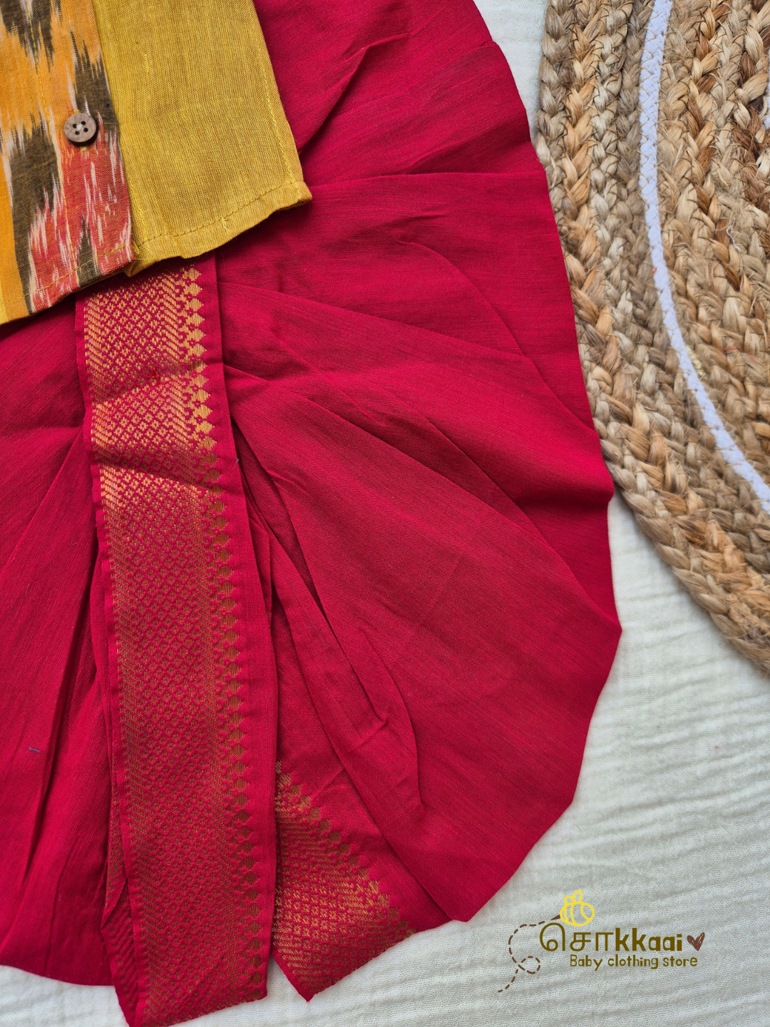 Mustard Ikkat Weave Royale Cotton Kids Dhoti Set (NB-5yrs) - Sokkaai