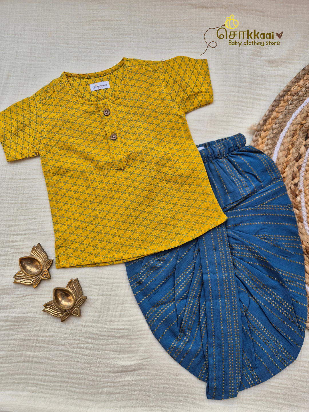 Sunshine Blue Cotton Kids Dhoti Set (NB-5yrs) - Sokkaai