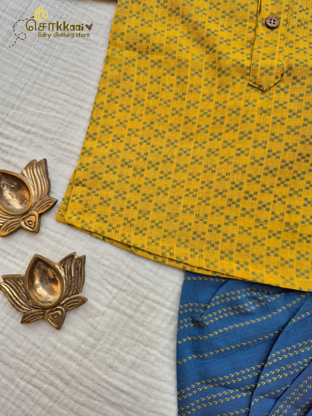 Sunshine Blue Cotton Kids Dhoti Set (NB-5yrs) - Sokkaai