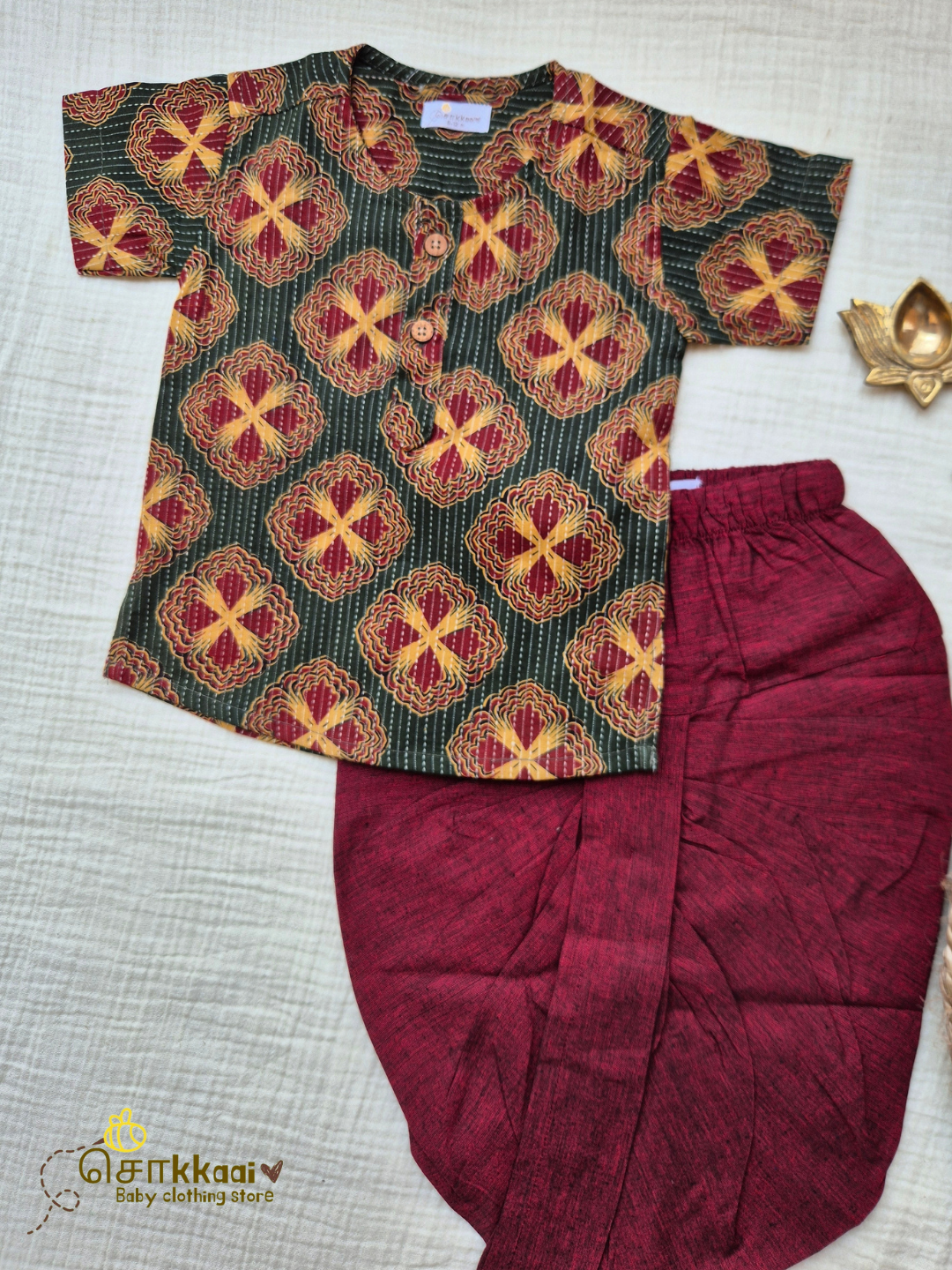 Garnet Green Kantha Cotton Kids Dhoti Set (NB-5yrs) - Sokkaai