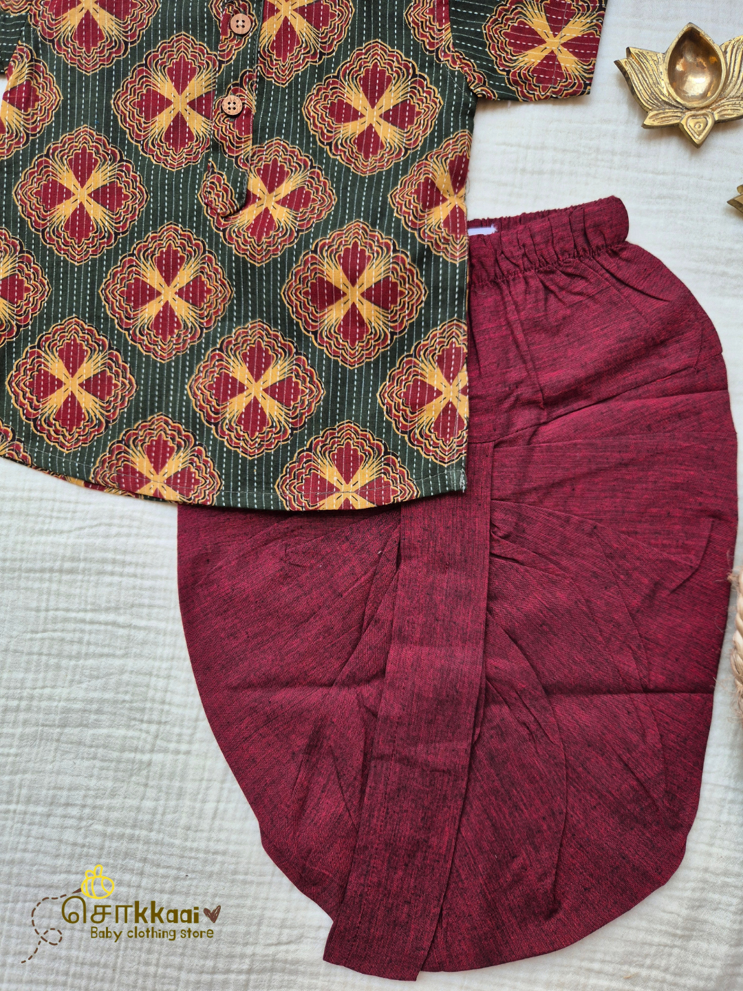 Garnet Green Kantha Cotton Kids Dhoti Set (NB-5yrs) - Sokkaai