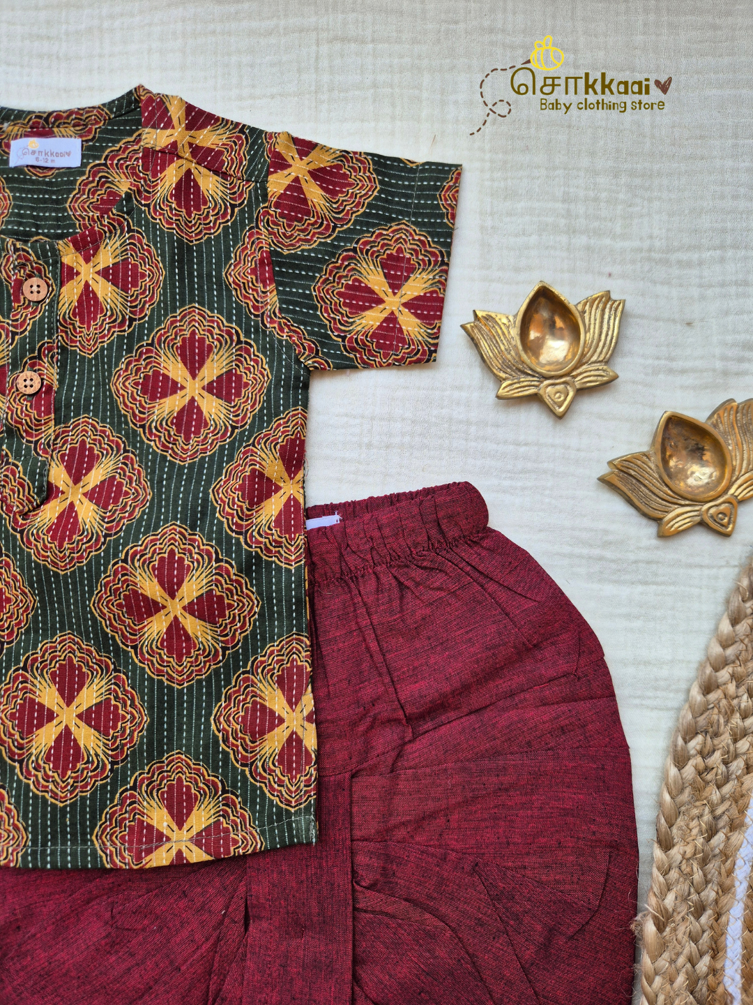 Garnet Green Kantha Cotton Kids Dhoti Set (NB-5yrs) - Sokkaai
