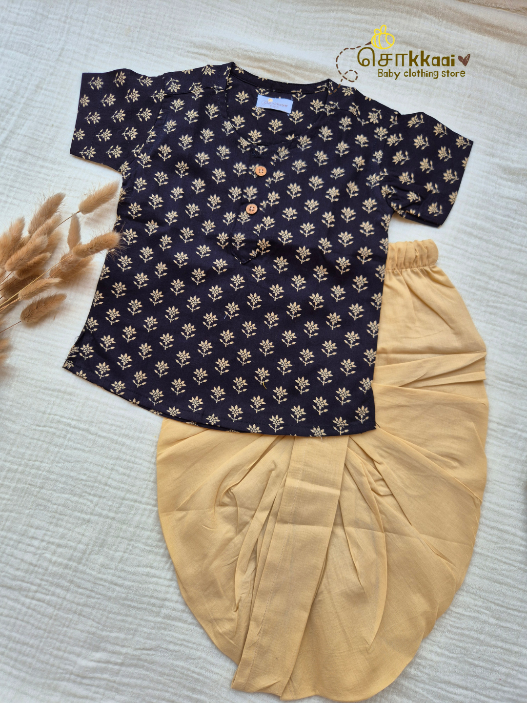 Black Flora Cotton Kids Dhoti Set (NB-5yrs) - Sokkaai