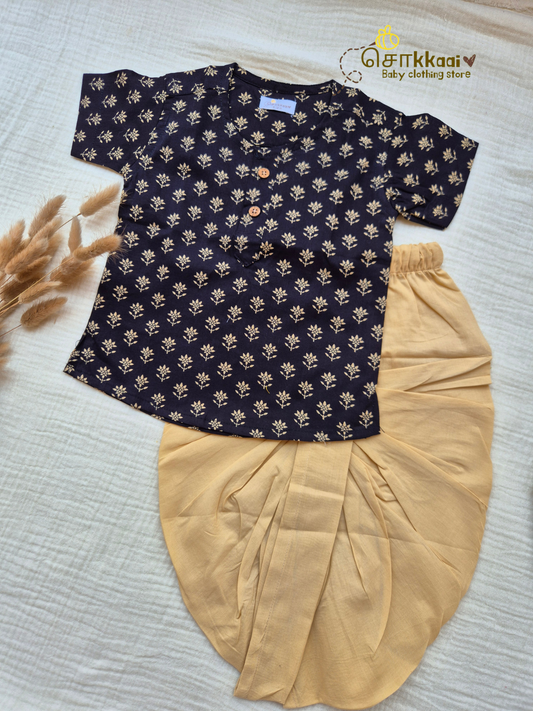 Black Flora Cotton Kids Dhoti Set (NB-5yrs) - Sokkaai