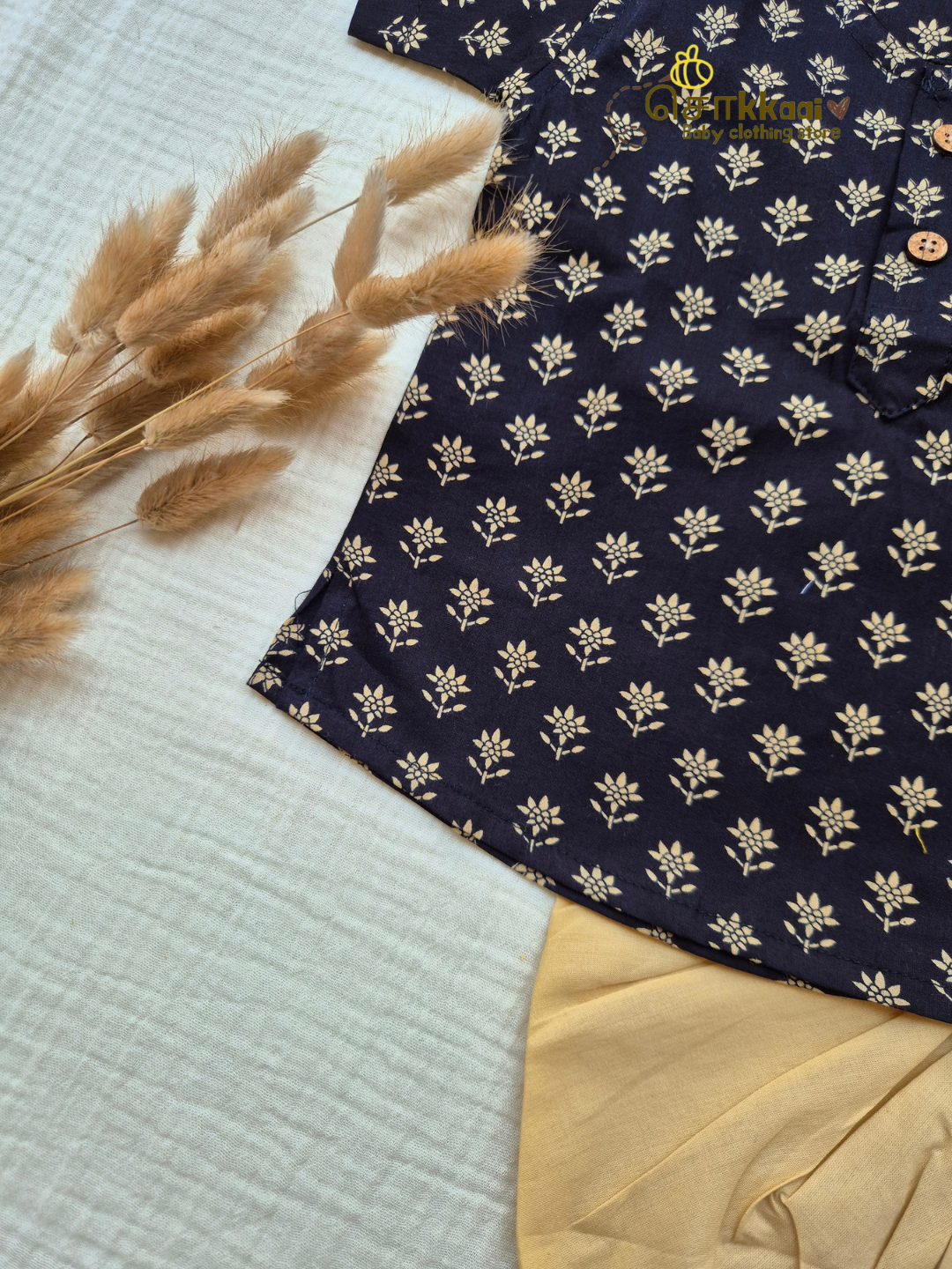 Black Flora Cotton Kids Dhoti Set (NB-5yrs) - Sokkaai