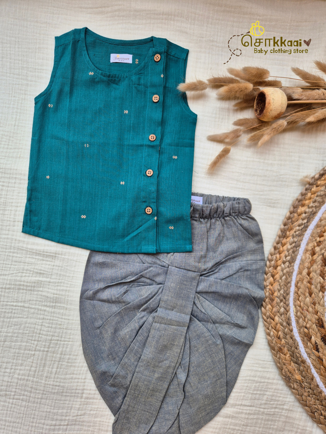 Peacock Haze Handloom Cotton Kids Dhoti Set (NB-4yrs) - Sokkaai