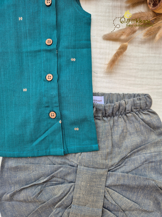 Peacock Haze Handloom Cotton Kids Dhoti Set (NB-4yrs) - Sokkaai