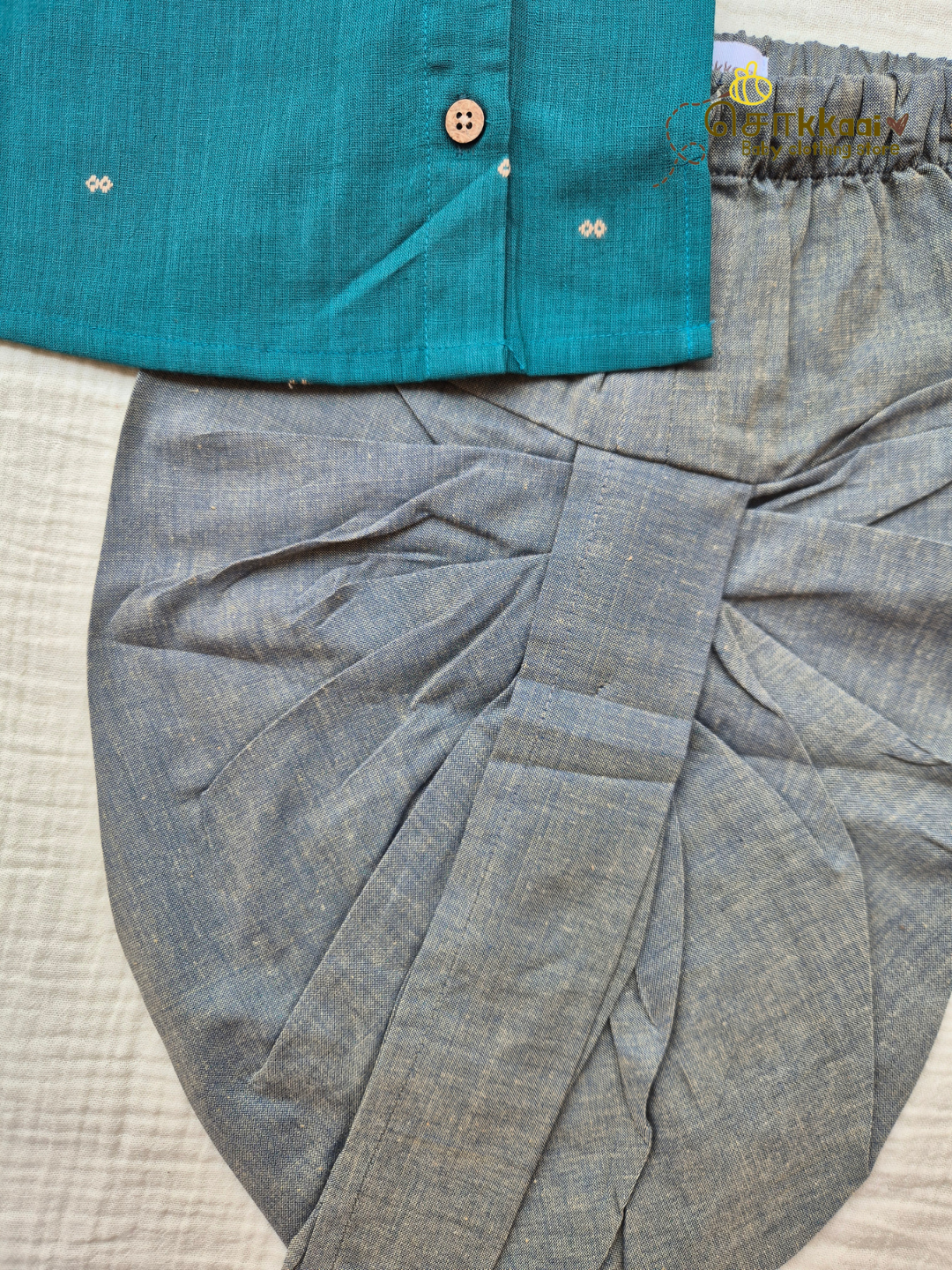 Peacock Haze Handloom Cotton Kids Dhoti Set (NB-4yrs) - Sokkaai