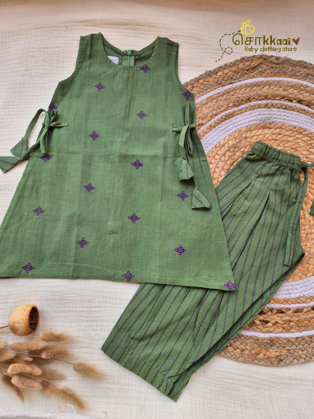 Green Lavender Harmony Cotton Tunic Set(1-6years) - Sokkaai