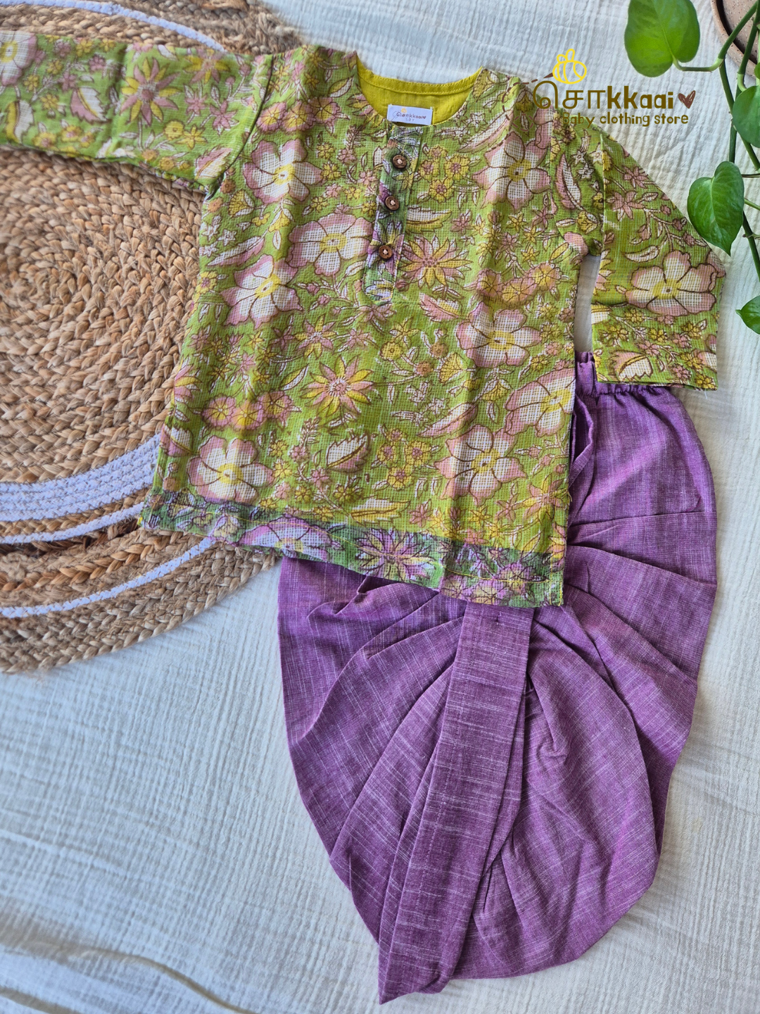 Spring Meadow Floral Kota Cotton & Handloom Dhoti Set (1-5yrs) - Sokkaai