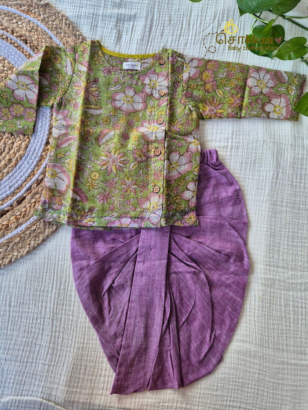 Spring Meadow Floral Kota Cotton Side Button Dhoti Set (0-12m) - Sokkaai