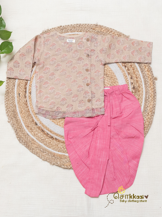 Misty Rosewood Kota Cotton Side Button Dhoti Set (0-12m) - Sokkaai