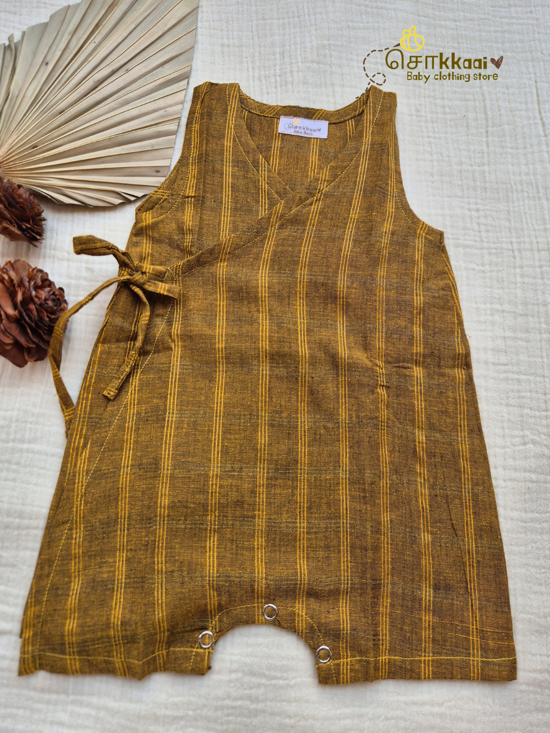 Mustard Zari Checks Romper (Nb-12m) - Sokkaai