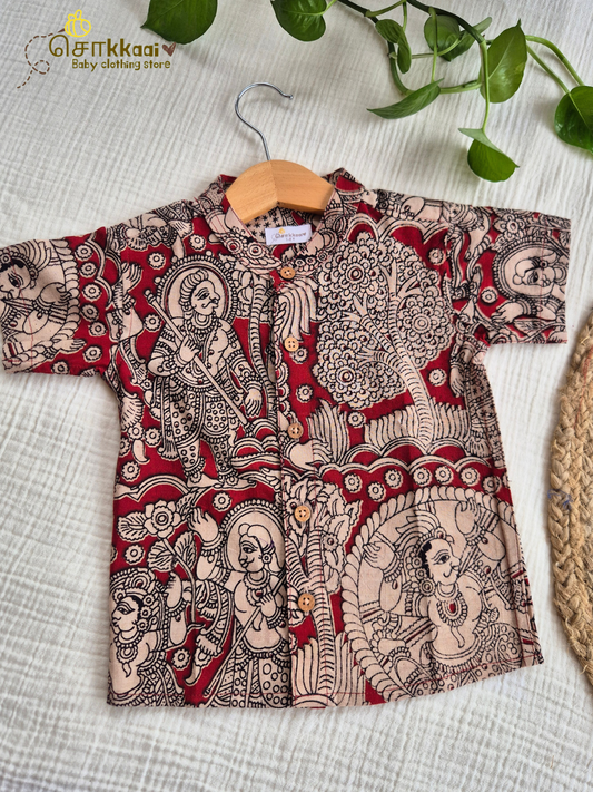 Red Heritage Kalamkari Mandarin Collar Shirt (0-6yrs) - Son