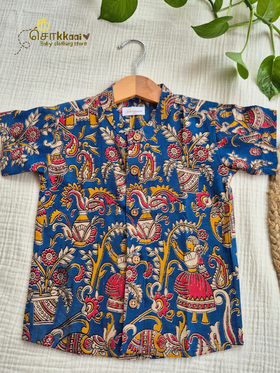 Folk Blue Kalamkari Mandarin Collar Shirt (0-6yrs) - Son