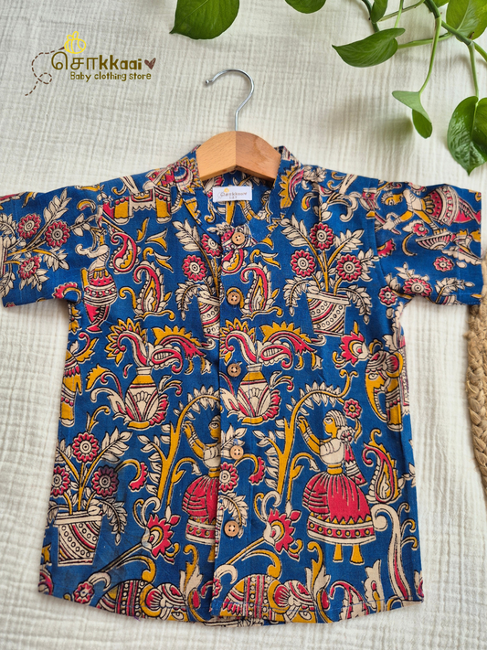 Folk Blue Kalamkari Mandarin Collar Shirt (0-6yrs) - Son