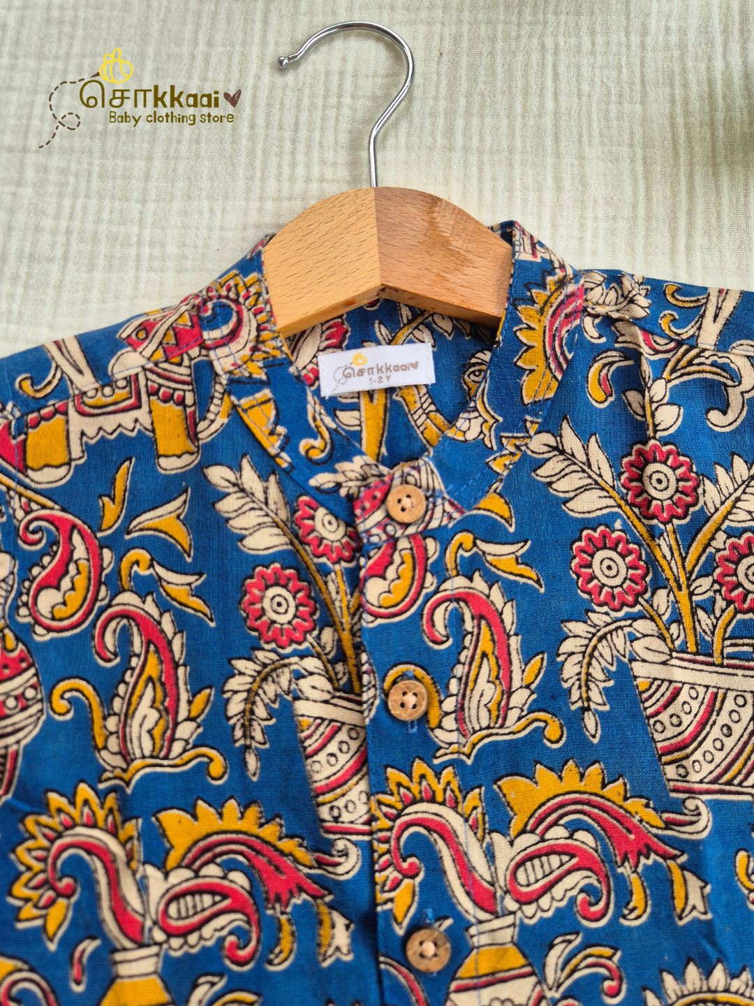 Folk Blue Kalamkari Mandarin Collar Shirt (0-6yrs) - Son