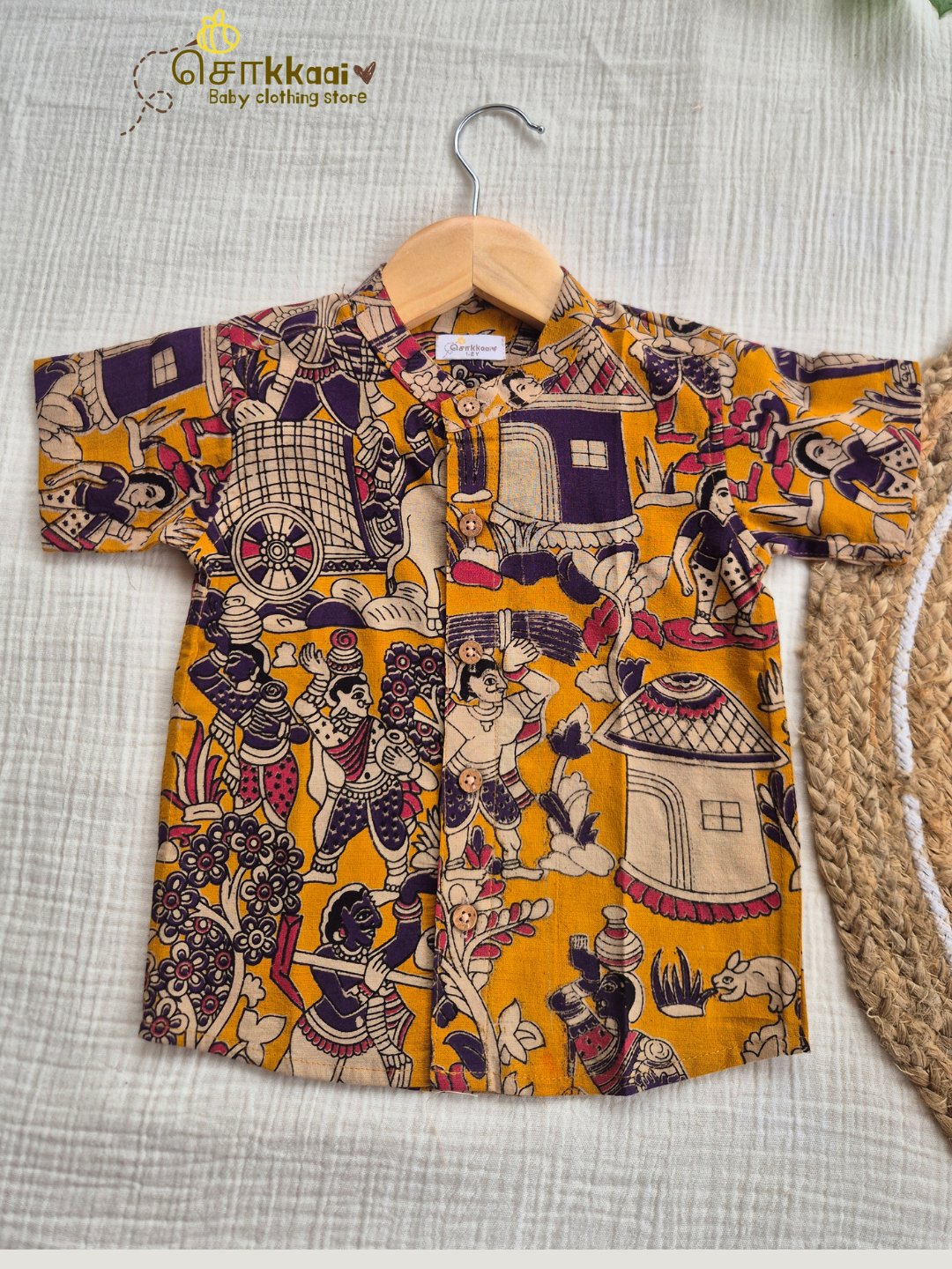 Golden Folk Kalamkari Mandarin Collar Shirt (0-6yrs) - Son