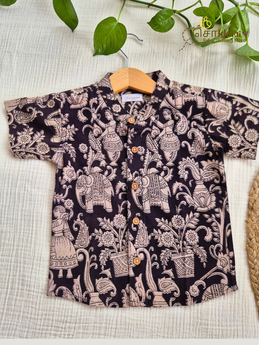 Black Bloom Kalamkari Mandarin Collar Shirt (0-6yrs) - Son