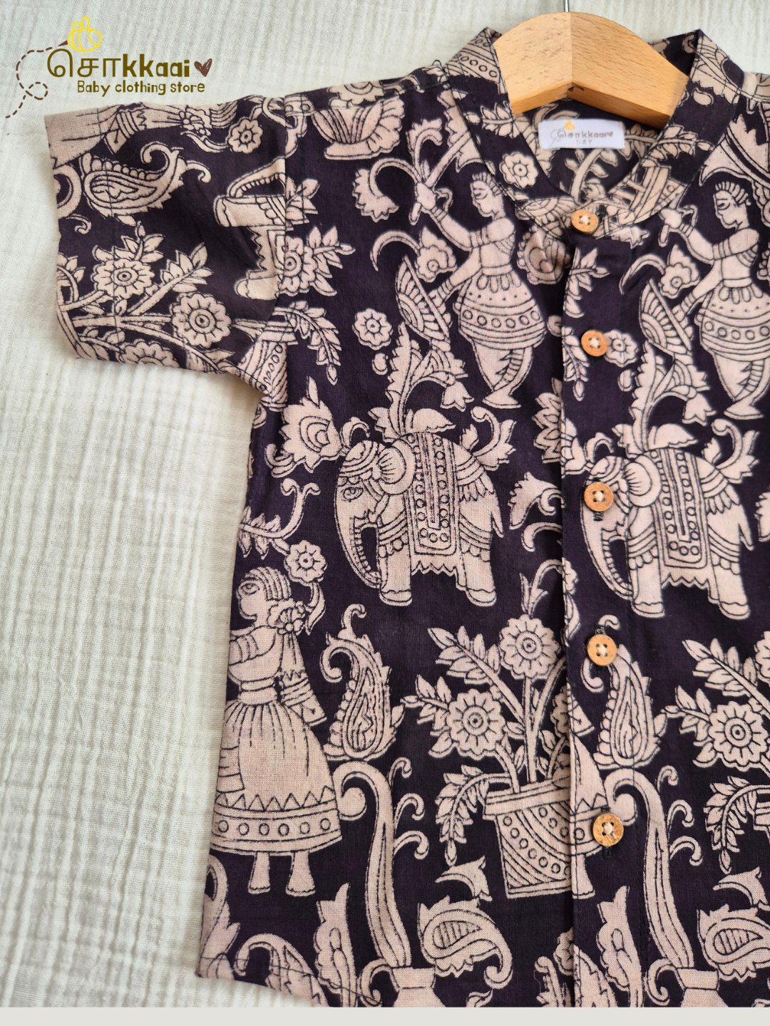 Black Bloom Kalamkari Mandarin Collar Shirt (0-6yrs) - Son