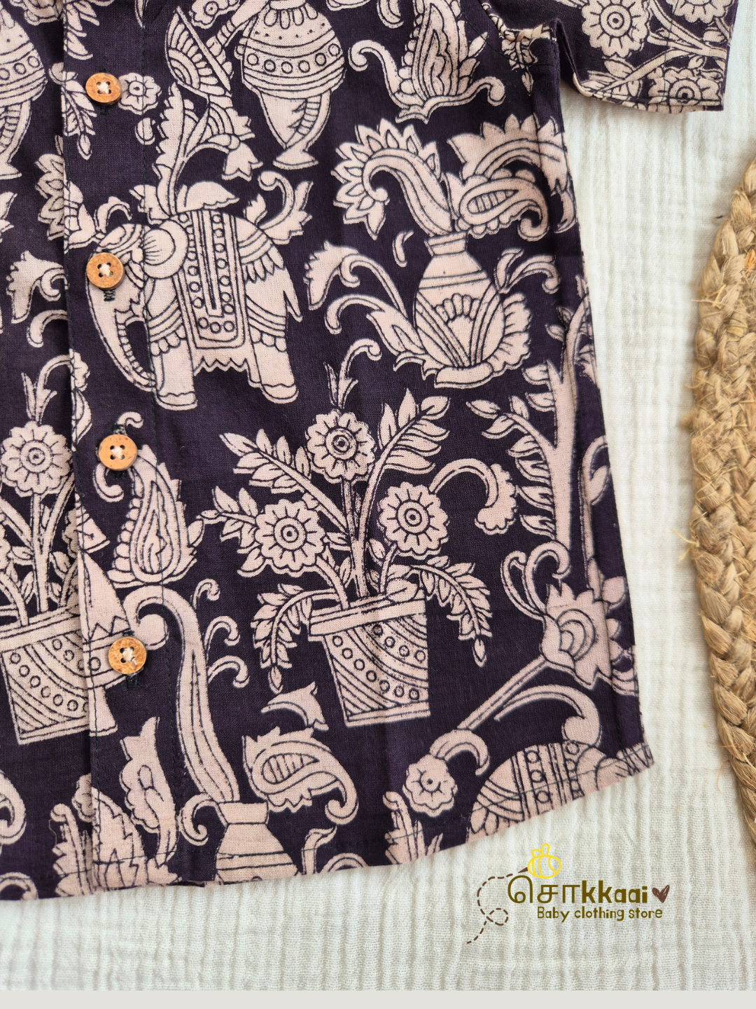 Black Bloom Kalamkari Mandarin Collar Shirt (0-6yrs) - Son