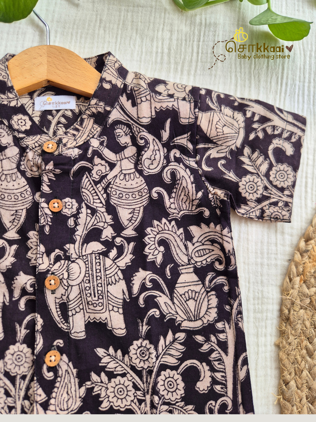 Black Bloom Kalamkari Mandarin Collar Shirt (0-6yrs) - Son