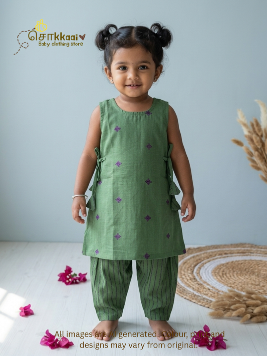 Green Lavender Harmony Cotton Tunic Set(1-6years) - Sokkaai
