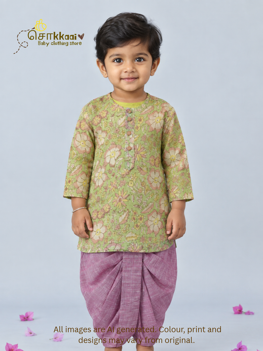 Spring Meadow Floral Kota Cotton & Handloom Dhoti Set (1-5yrs) - Sokkaai