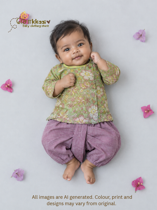 Spring Meadow Floral Kota Cotton Side Button Dhoti Set (0-12m) - Sokkaai