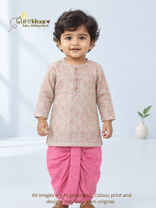 Misty Rosewood Kota Cotton & Handloom Dhoti Set (1-5yrs) - Sokkaai