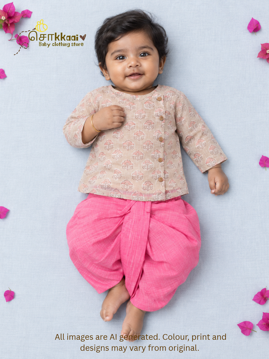 Misty Rosewood Kota Cotton Side Button Dhoti Set (0-12m) - Sokkaai