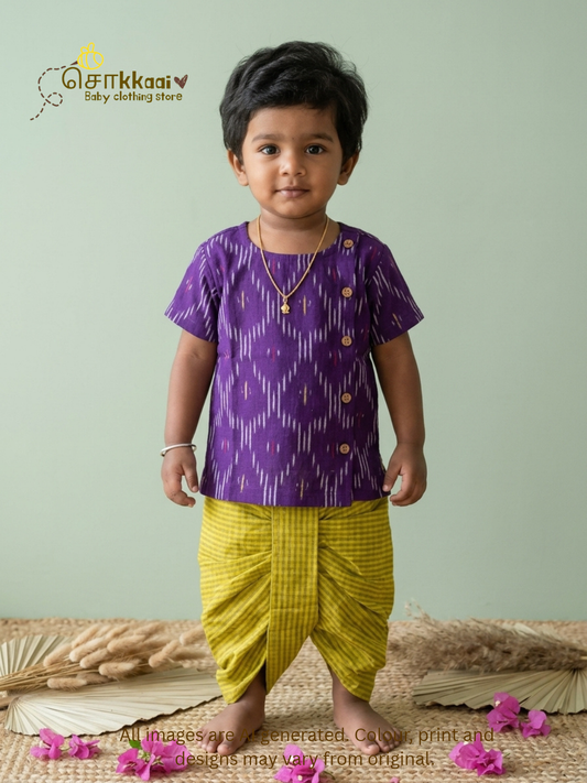 Royale Plum & Lime Cotton Kids Dhoti Set (NB-5yrs) - Sokkaai