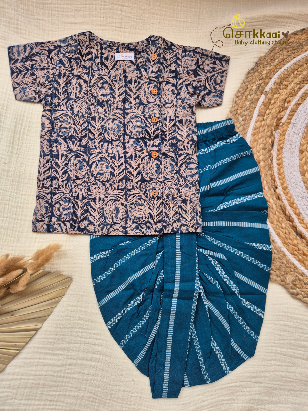 Midnight Vine & Teal Loom Cotton Dhoti Set (NB-5yrs) - Sokkaai