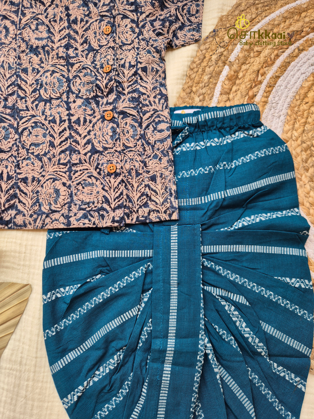 Midnight Vine & Teal Loom Cotton Dhoti Set (NB-5yrs) - Sokkaai