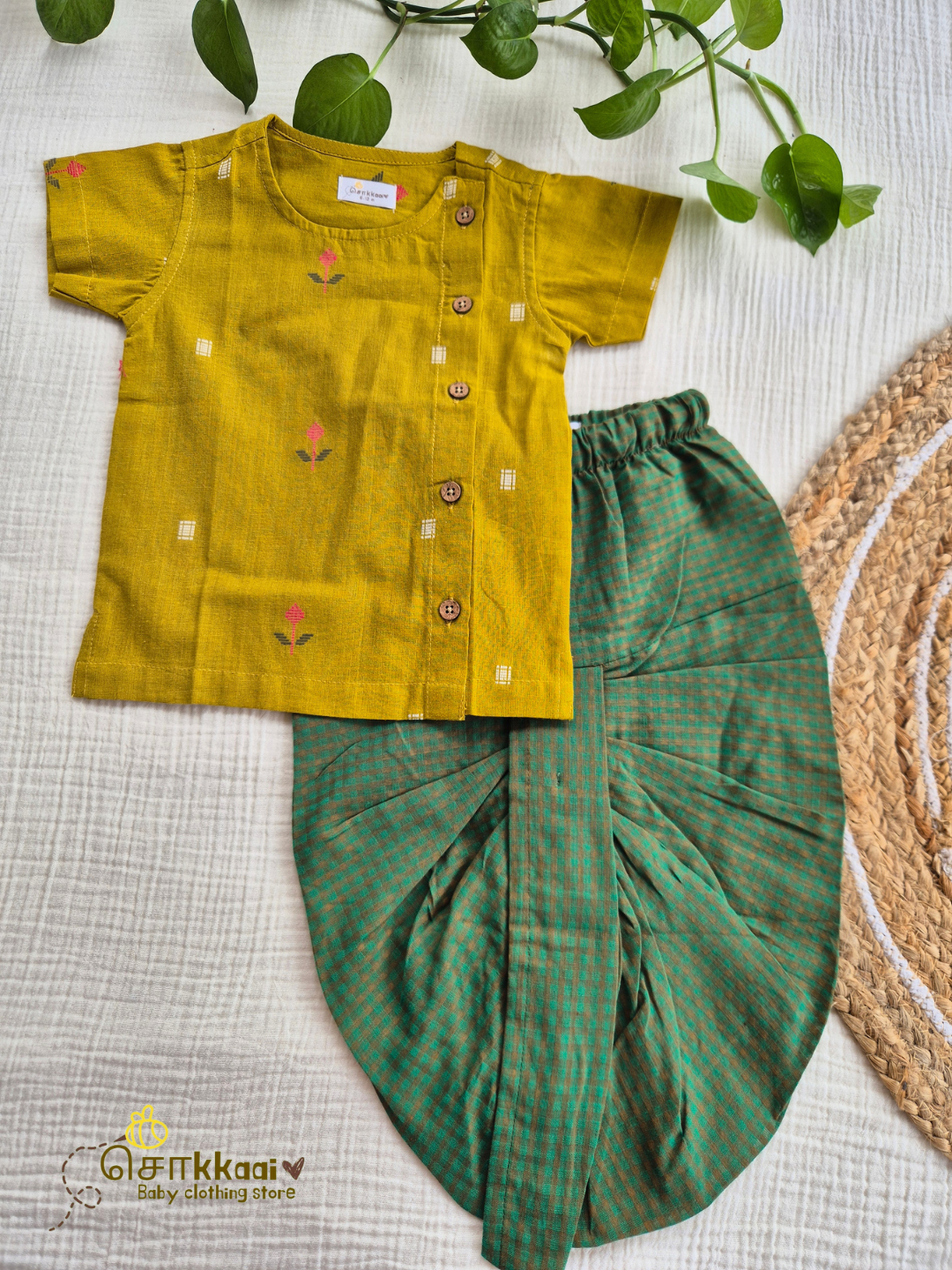 Mustard Bloom & Emerald Checked Cotton Dhoti Set (NB-4yrs) - Sokkaai