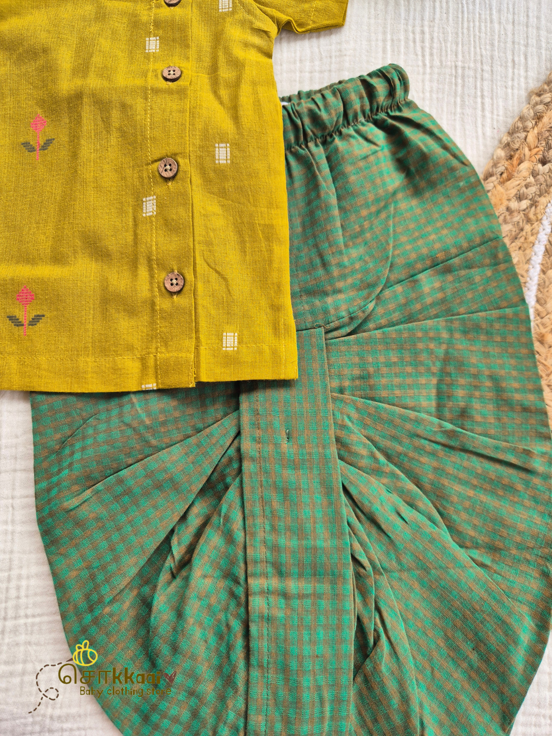 Mustard Bloom & Emerald Checked Cotton Dhoti Set (NB-4yrs) - Sokkaai