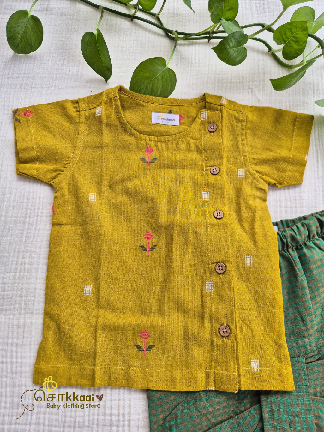 Mustard Bloom & Emerald Checked Cotton Dhoti Set (NB-4yrs) - Sokkaai
