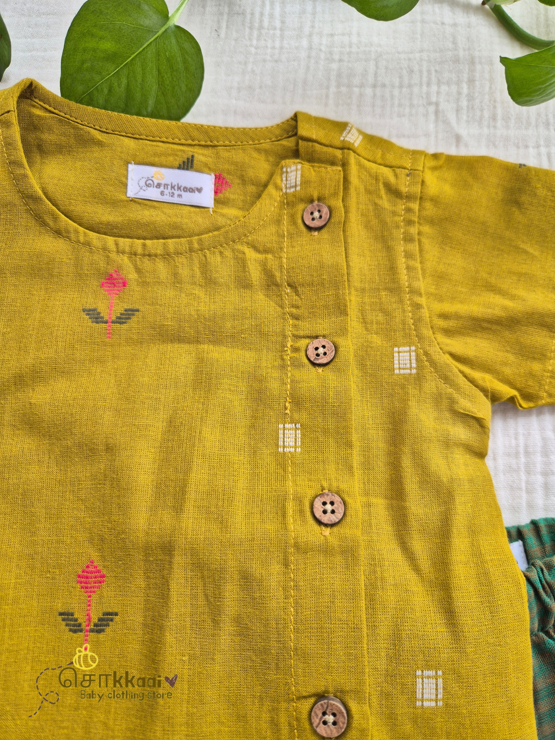 Mustard Bloom & Emerald Checked Cotton Dhoti Set (NB-4yrs) - Sokkaai