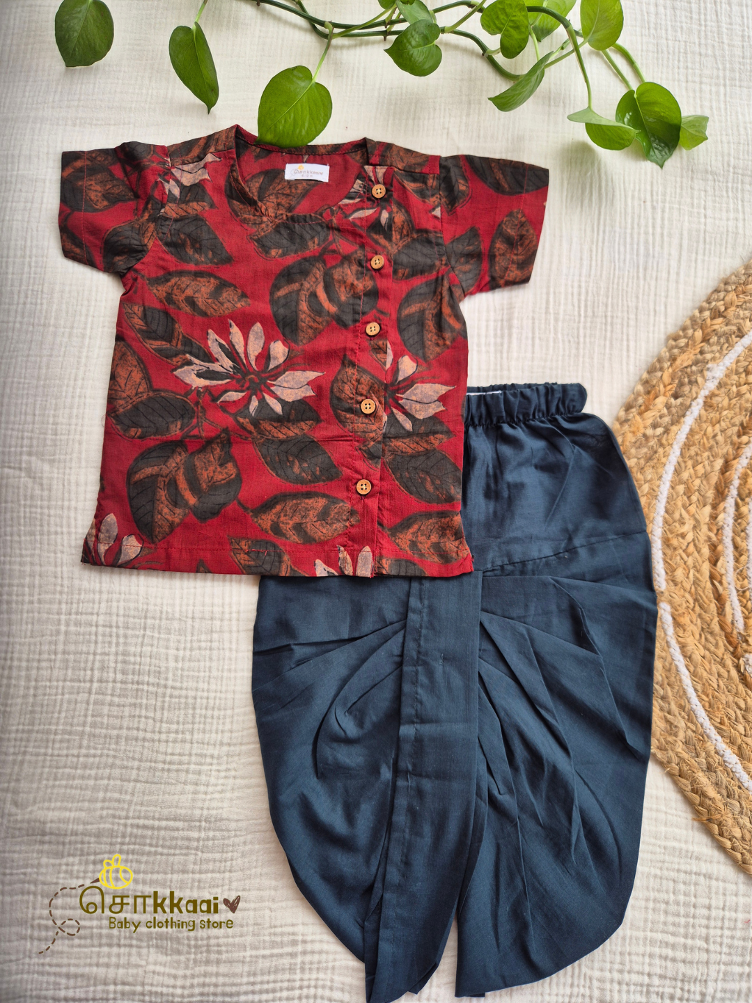 Maroon Vine & Deep Green Cotton Dhoti Set (NB-4yrs) - Sokkaai