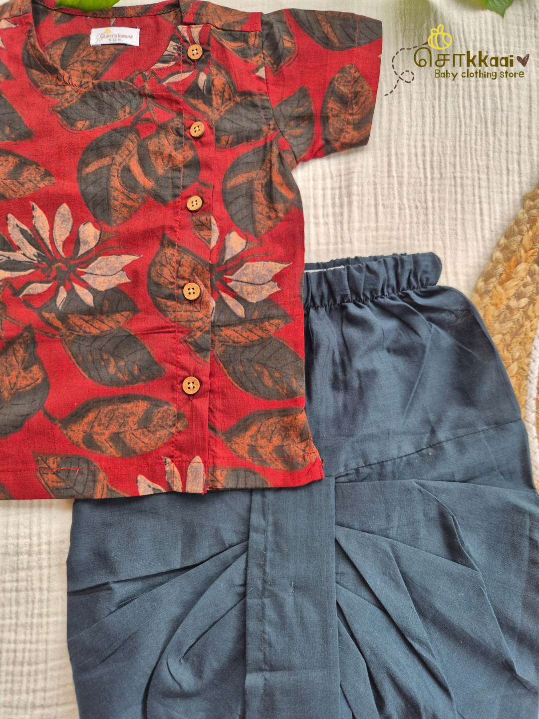 Maroon Vine & Deep Green Cotton Dhoti Set (NB-4yrs) - Sokkaai