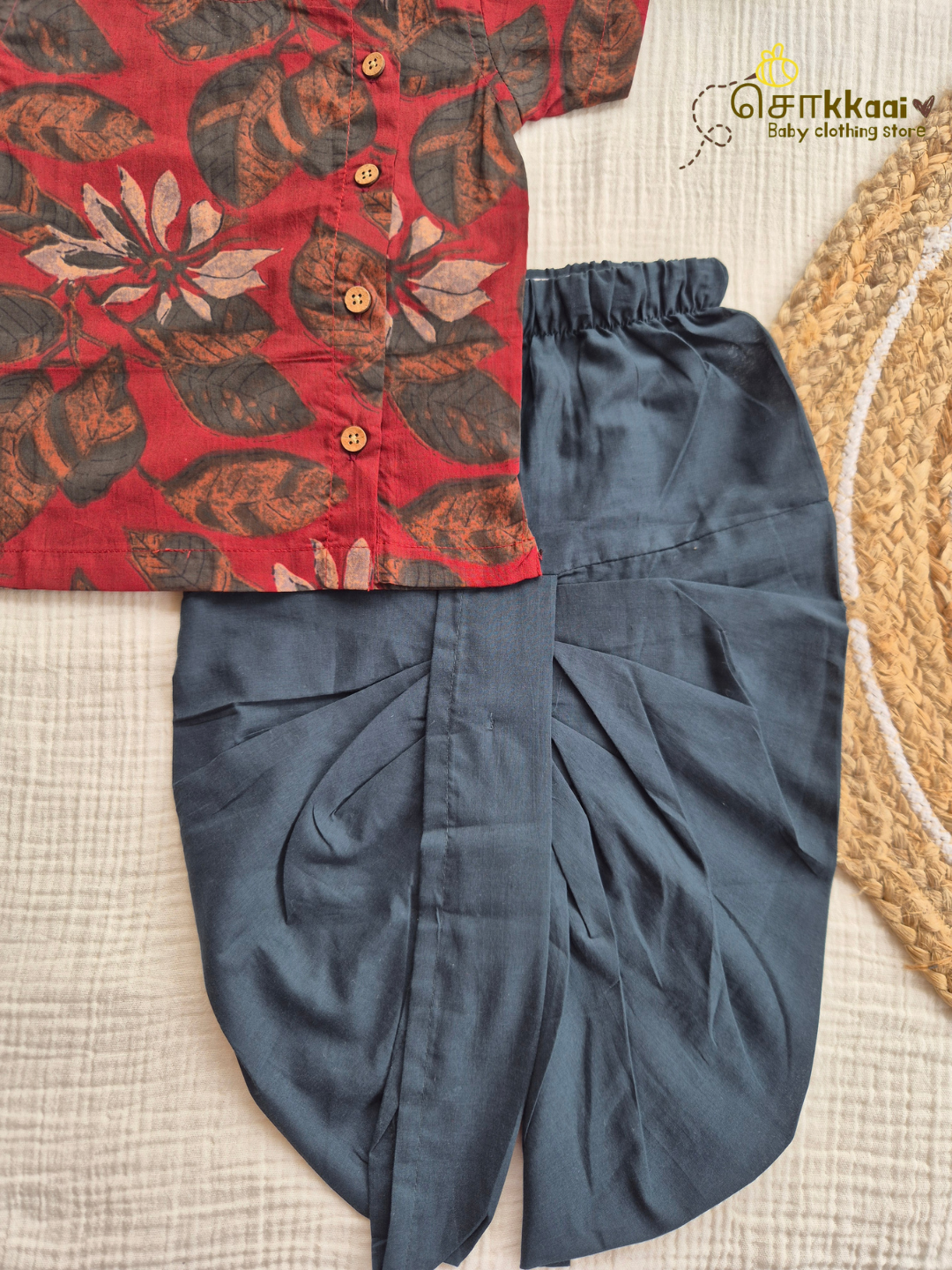 Maroon Vine & Deep Green Cotton Dhoti Set (NB-4yrs) - Sokkaai