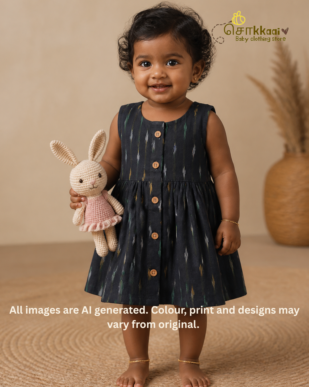 Black Ikkat Centre Button Girl Frock (NB-2years) - Sokkaai