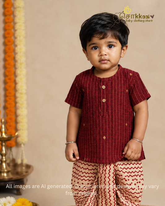 Maroon Kurta with Printed Cotton Dhoti Pants Set(0-3yrs) - Sokkaai