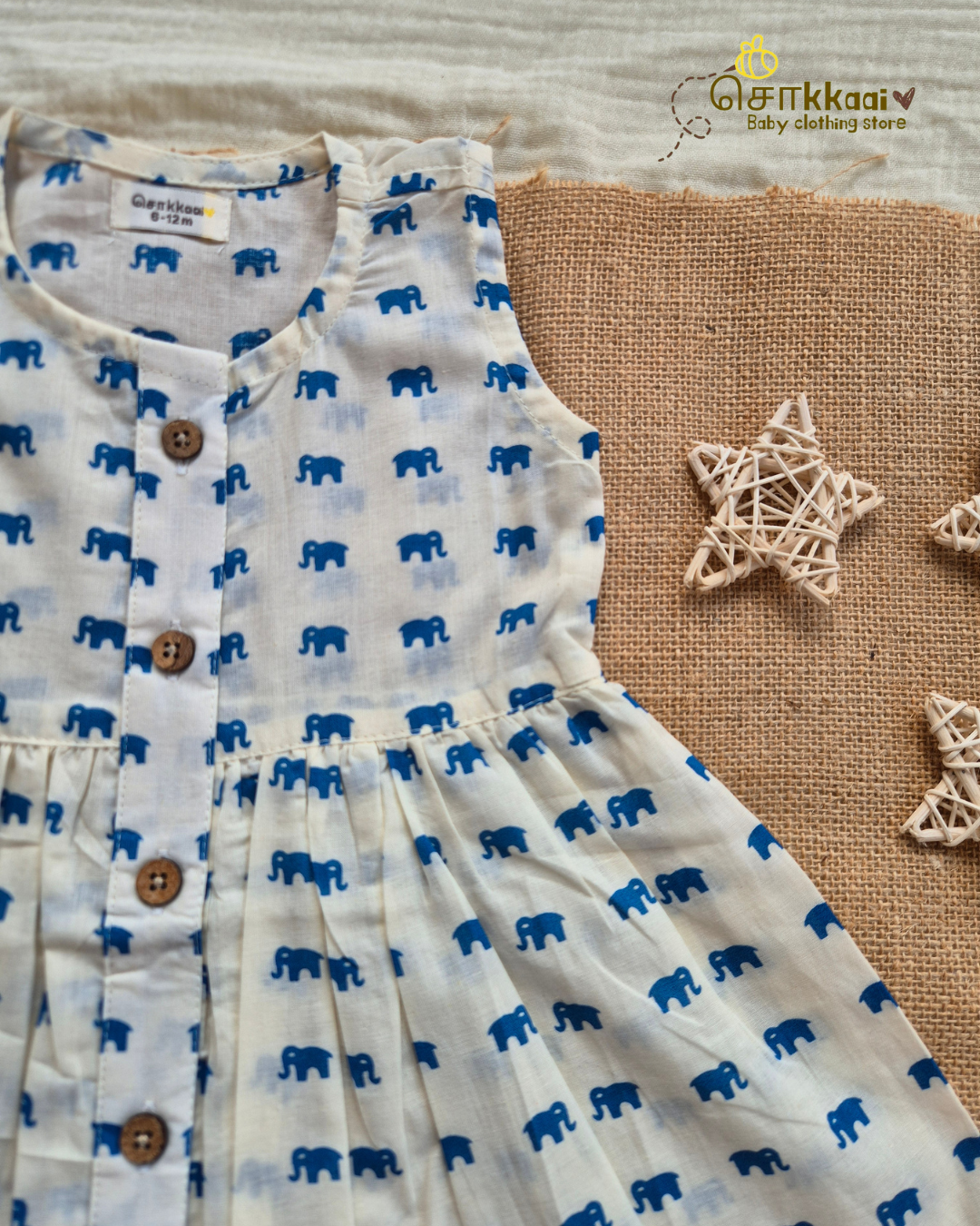 Little Blue Elephant Centre Button Girl Frock (NB-2years) - Sokkaai