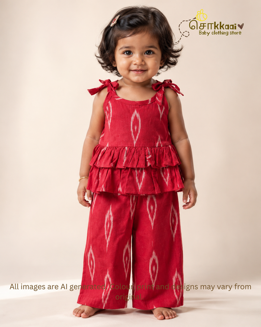 Cherry Red Ikat Frill Top with Palazzo Pants (1-6years) - Sokkaai