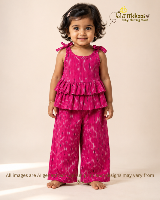 Blush Pink Ikat Frill Top with Palazzo Pants (1-6years) - Sokkaai