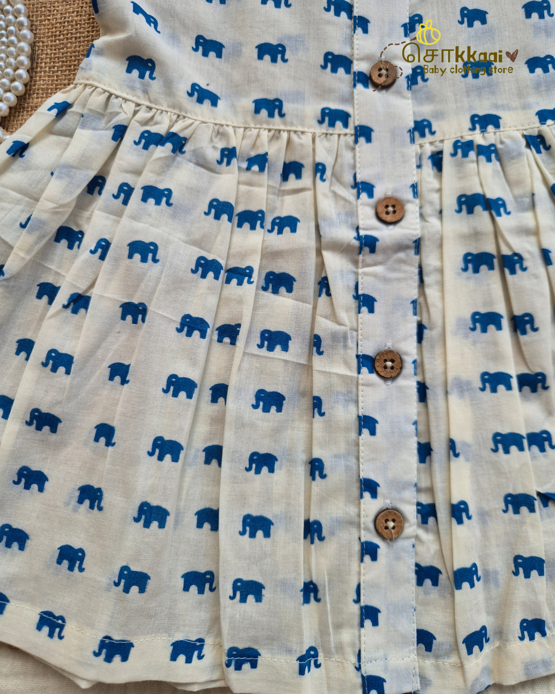 Little Blue Elephant Centre Button Girl Frock (NB-2years) - Sokkaai