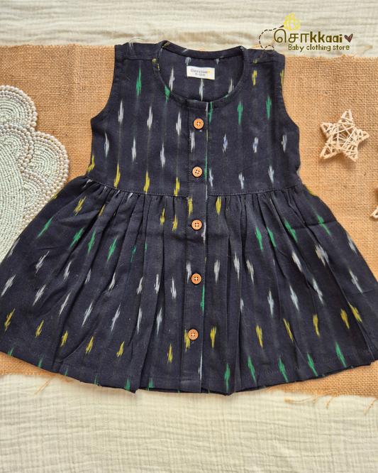 Black Ikkat Centre Button Girl Frock (NB-2years) - Sokkaai