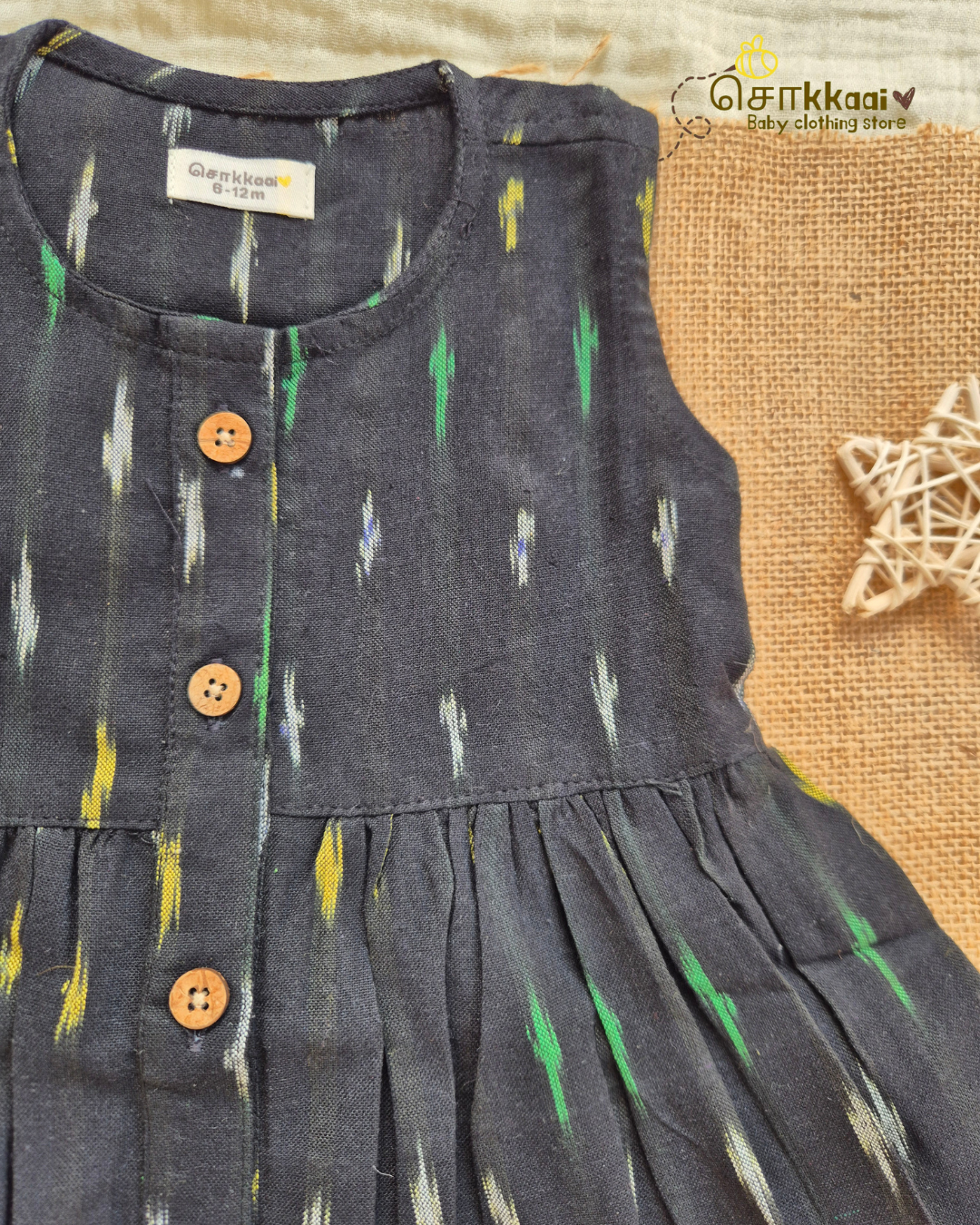 Black Ikkat Centre Button Girl Frock (NB-2years) - Sokkaai