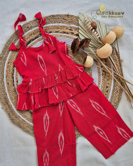 Cherry Red Ikat Frill Top with Palazzo Pants (1-6years) - Sokkaai